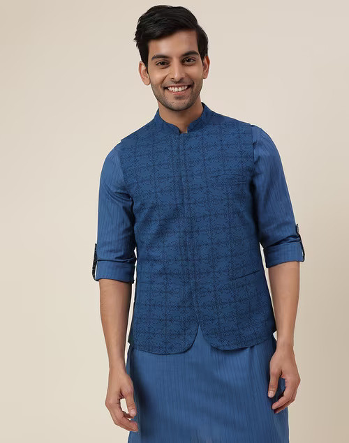 Blue Cotton Printed Slim Fit Nehru Jacket